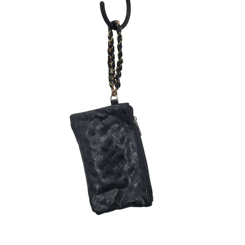 Vegan Black Tire Tread Embossed Faux Leather Wristlet Gold Chain Biker Steampunk